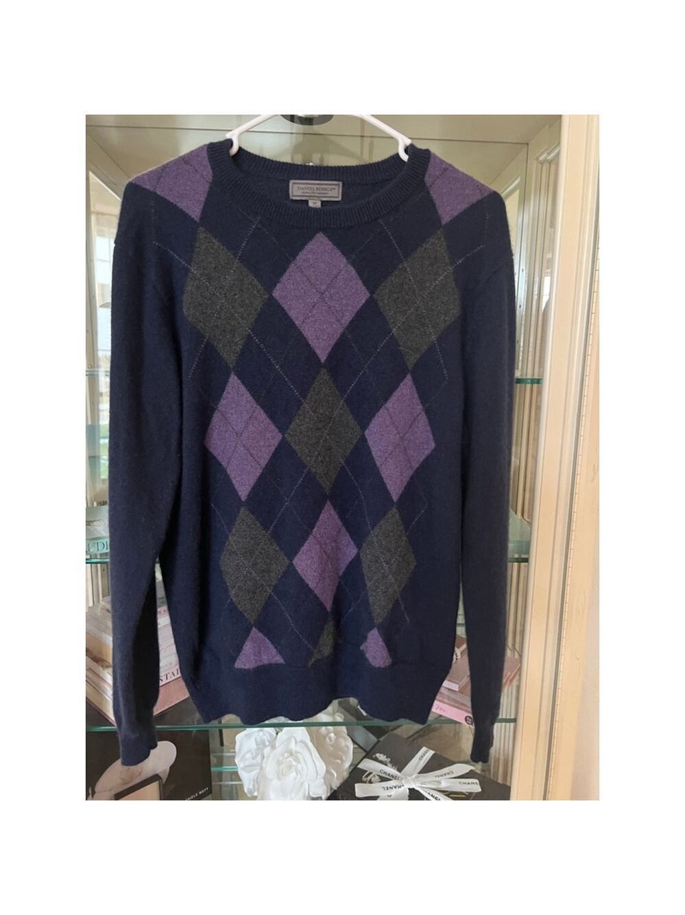 Men's Daniel Bishop Navy Purple Argyle Crewneck Sweater M